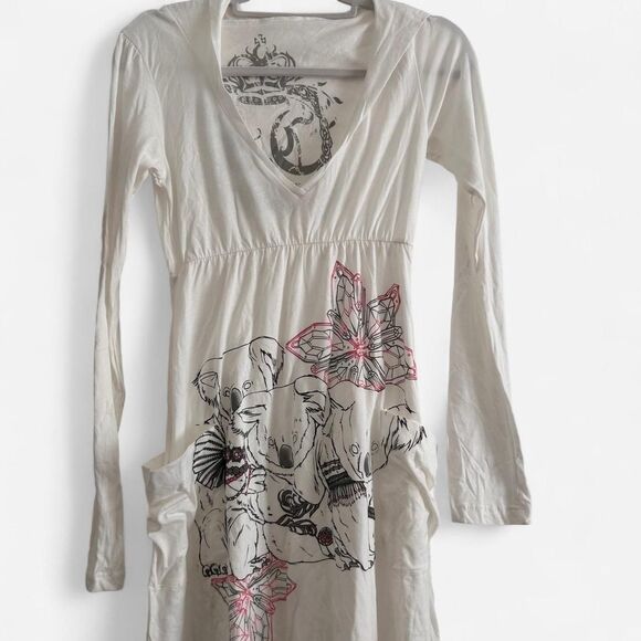 Vintage Y2K Key Closet White Koala Graphic Tunic Dress Hooded small - Picture 2 of 6